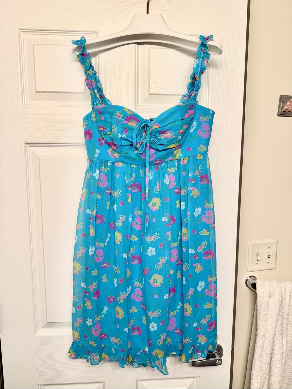 Vintage Y2K Betsey Johnson Blue Floral Silk Chiffon Ruffle Trim Sun Dress Size 8